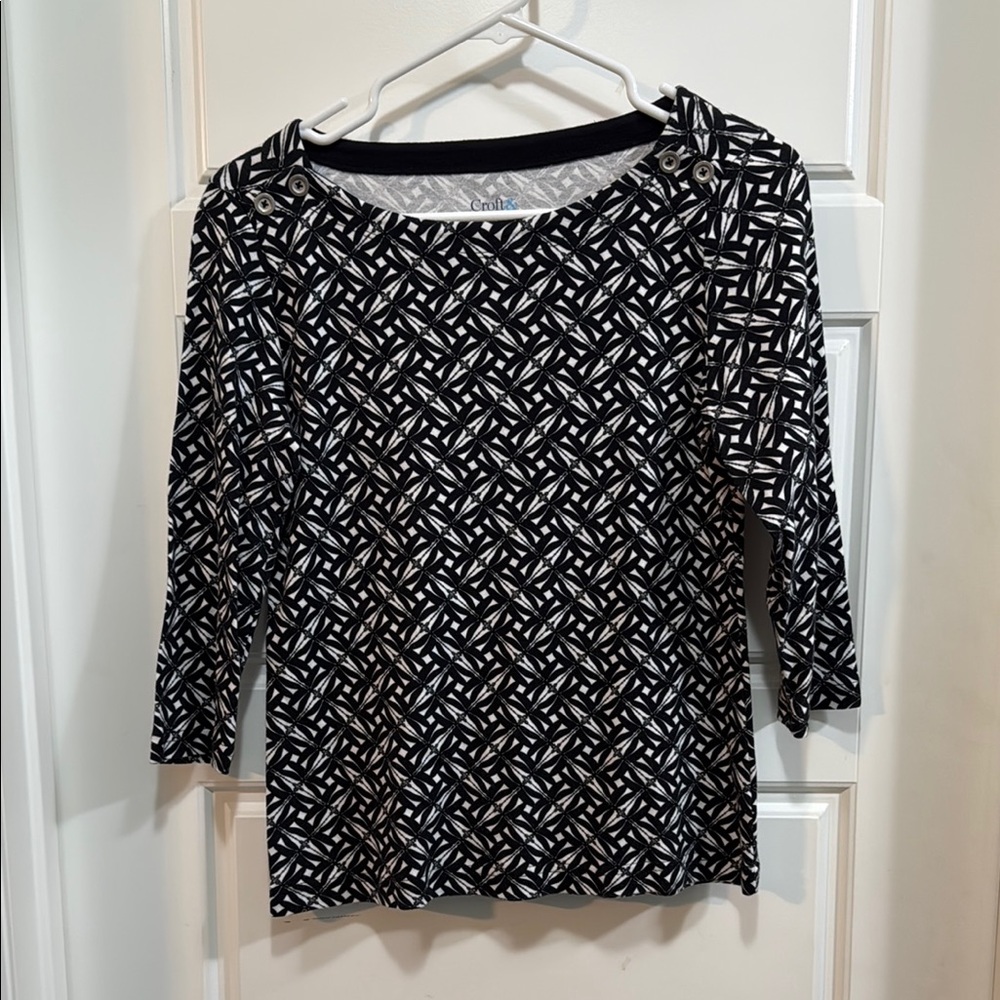 Croft & Barrow Black and White Fitted Blouse 3/4 Sleeve Petite small